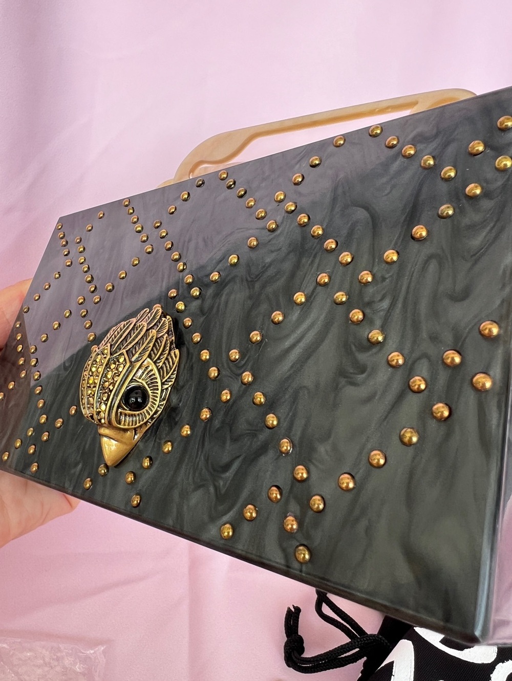 Kurt Geiger Kensington safety pin box clutch on chain gray mother of pearl NWT - Picture 13 of 16